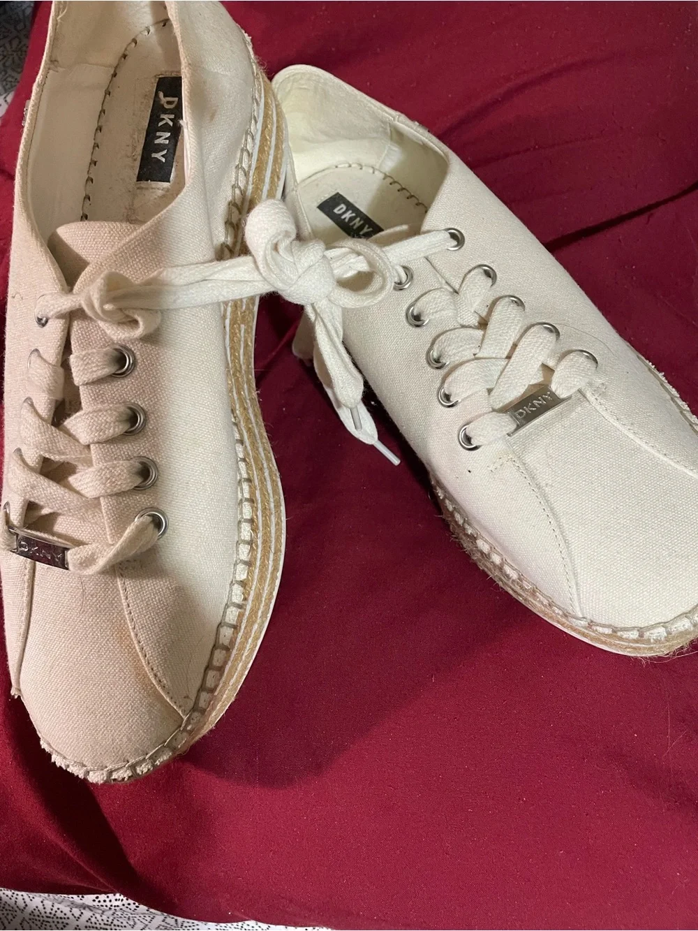 DKNY Cream Canvas Espadrille Lace-Up Sneakers